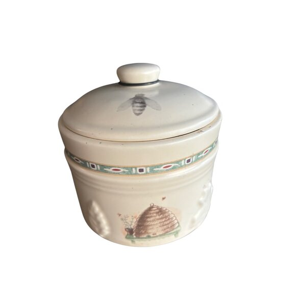 Vintage Pfaltzgraff Tea Jar With Lid Honey Beehive & Watering Can Design Ceramic - Picture 1 of 10